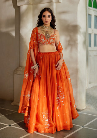 Rust orange embroidered cape and lehenga set