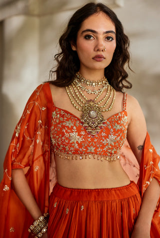 Rust orange embroidered cape and lehenga set