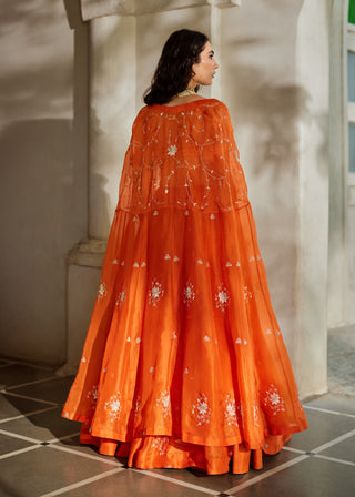 Rust orange embroidered cape and lehenga set