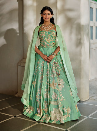 Tiffany blue silk floral lehenga with cape set