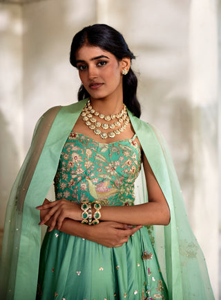 Tiffany blue silk floral lehenga with cape set