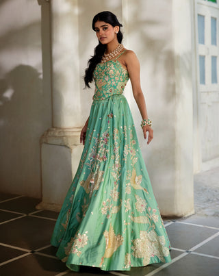 Tiffany blue silk floral lehenga with cape set