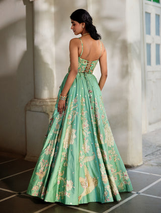 Tiffany blue silk floral lehenga with cape set