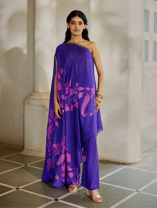 Purple printed one-shoulder dress with trousers