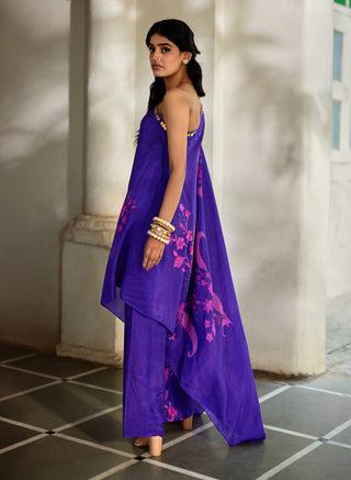 Purple printed one-shoulder dress with trousers