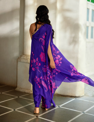 Purple printed one-shoulder dress with trousers