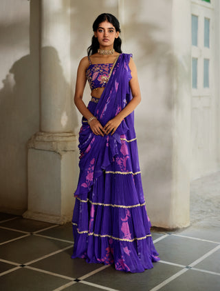 Purple pre-stitched sari set