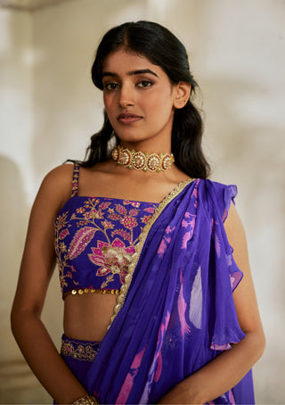 Purple pre-stitched sari set
