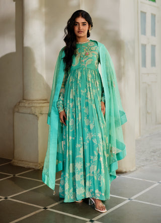 Tiffany blue georgette anarkali with cape