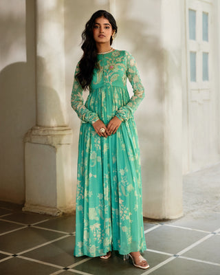 Tiffany blue georgette anarkali with cape