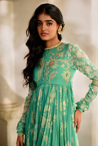 Tiffany blue georgette anarkali with cape