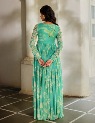 Tiffany blue georgette anarkali with cape