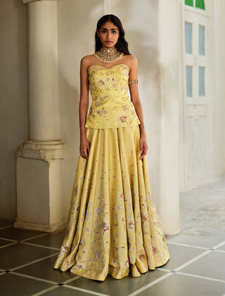 Soft yellow jamavar lehenga and corset set