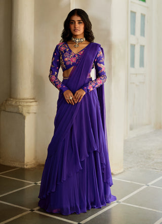 Grape jelly chiffon pre-draped sari set