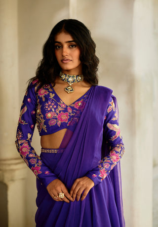 Grape jelly chiffon pre-draped sari set