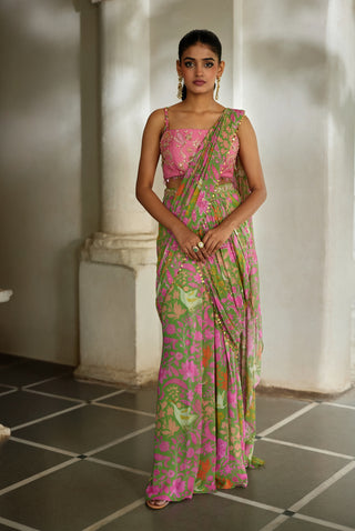 Green with pink georgette sari set