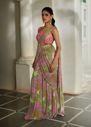 Green with pink georgette sari set