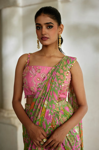 Green with pink georgette sari set