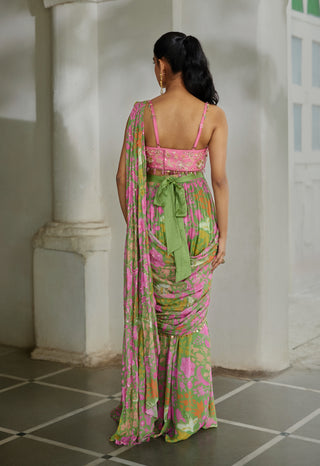 Green with pink georgette sari set