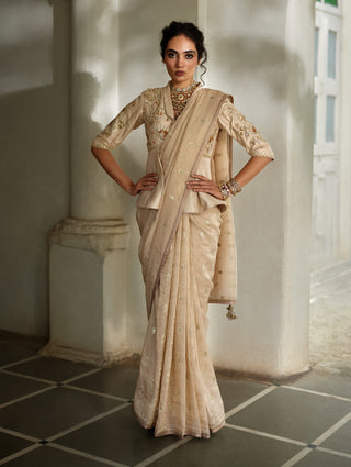 Beige jacquard peplum sari set