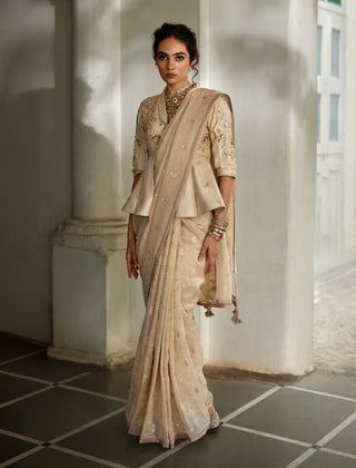 Beige jacquard peplum sari set