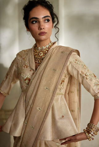Beige jacquard peplum sari set