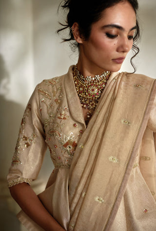 Beige jacquard peplum sari set
