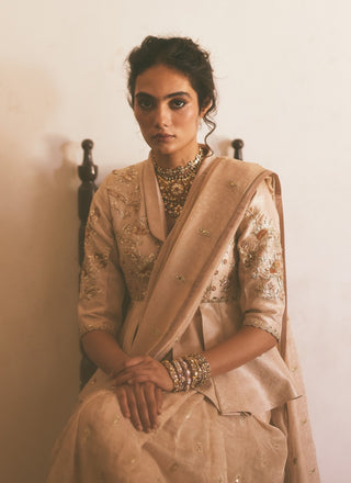 Beige jacquard peplum sari set