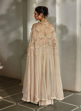 Oatmeal embroidered blouse, palazzos with cape