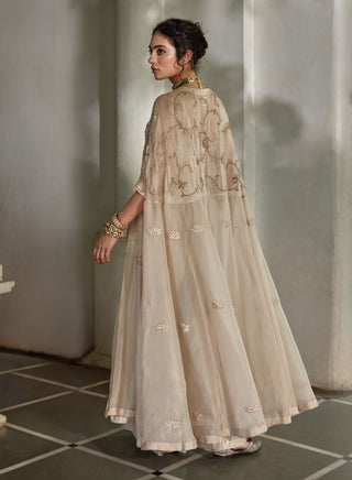 Oatmeal embroidered blouse, palazzos with cape