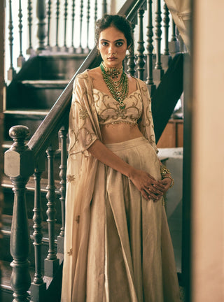 Oatmeal embroidered blouse, palazzos with cape