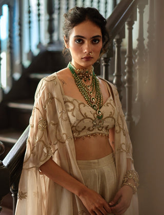 Oatmeal embroidered blouse, palazzos with cape