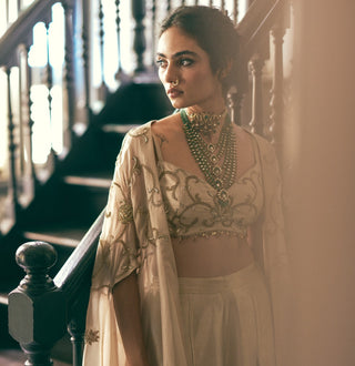 Oatmeal embroidered blouse, palazzos with cape