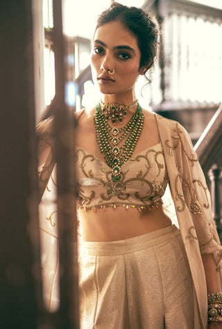 Oatmeal embroidered blouse, palazzos with cape