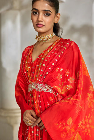 Sunset red festive kaftan with inner