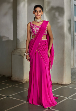 Bright pink pre-draped sari set