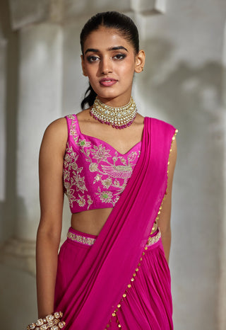 Bright pink pre-draped sari set