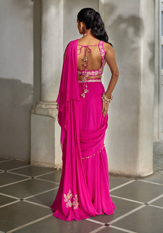 Bright pink pre-draped sari set