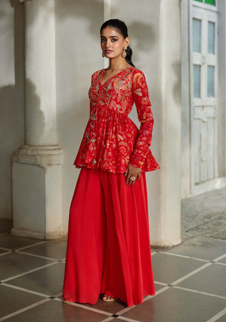 Sunset red printed peplum top with palazzo