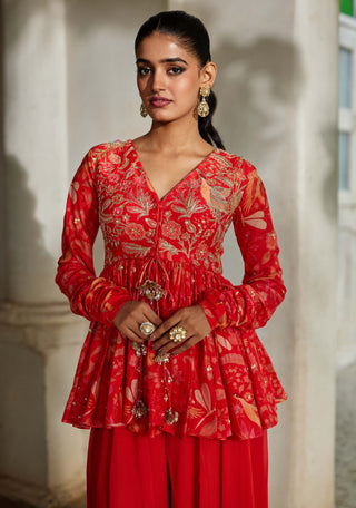 Sunset red printed peplum top with palazzo