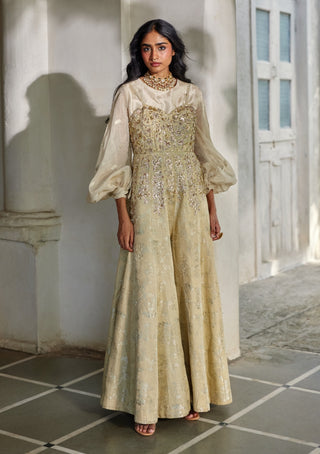 Pista green jacquard jumpsuit with shirt