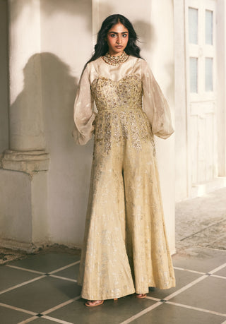 Pista green jacquard jumpsuit with shirt