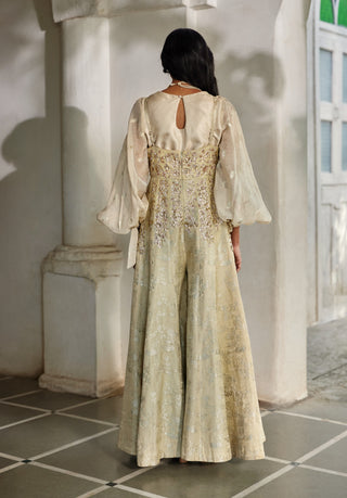 Pista green jacquard jumpsuit with shirt