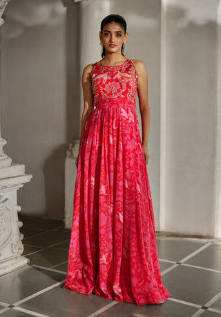 Red and pink jumpsuit with belt