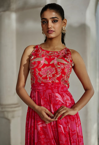 Red and pink jumpsuit with belt