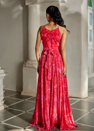 Red and pink jumpsuit with belt