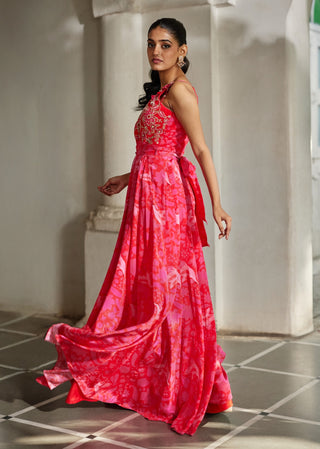 Red and pink jumpsuit with belt