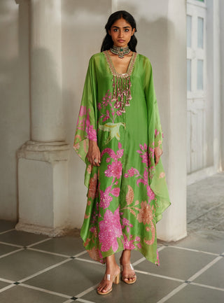 Green silk organza printed kaftan with inner