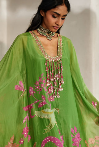 Green silk organza printed kaftan with inner