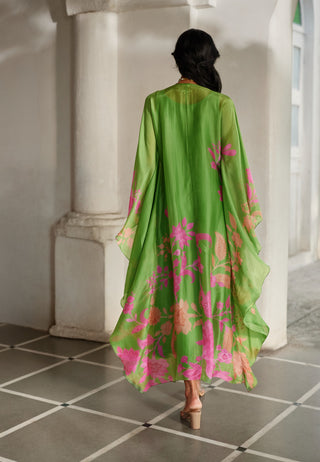 Green silk organza printed kaftan with inner
